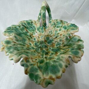 Leaf-Shaped Ceramic Dish Handle Green & Brown Glaze Decorative Or Functional